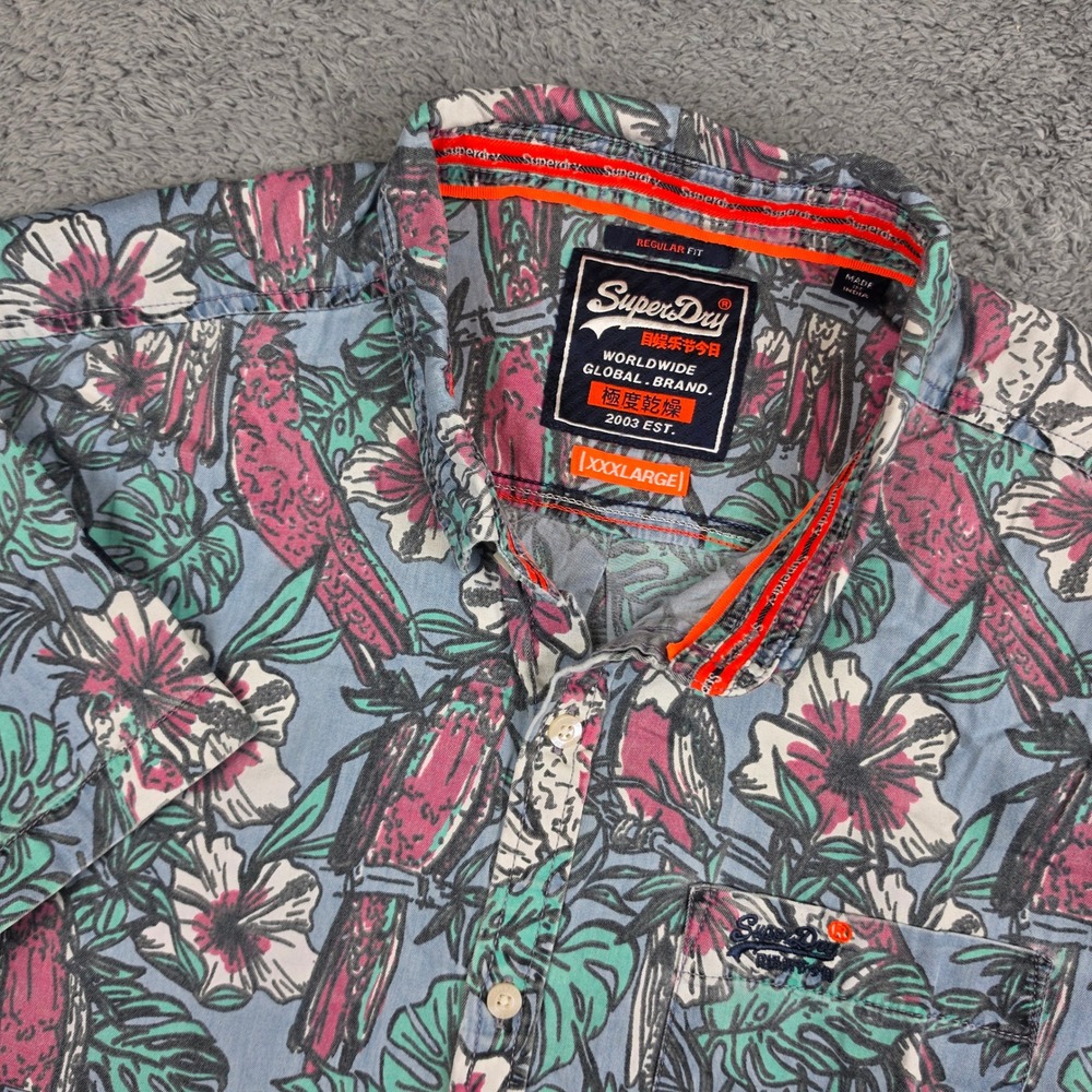 Superdry Shirt Mens XXXL Blue Tropical Parrot Floral Button Down Short Sleeve